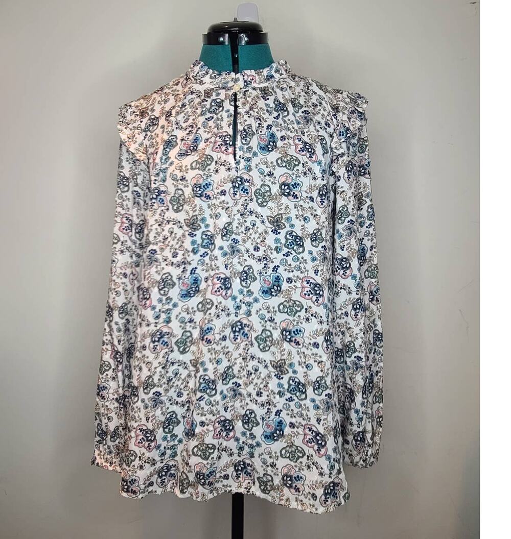 Ann Taylor Loft floral ruffle shoulder long sleeve shirt - medium